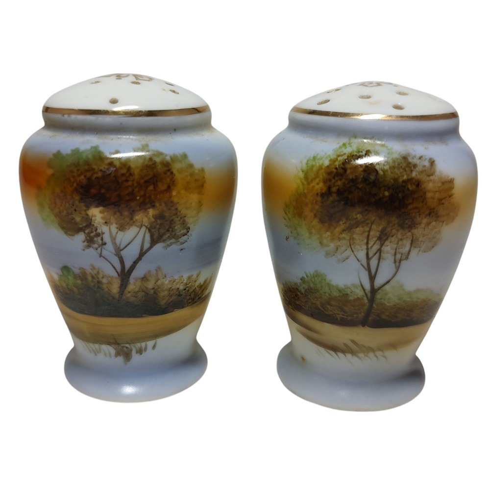 Vintage Salt and Pepper Shakers Hand Painted Nature Scene Tree Sunset Japan